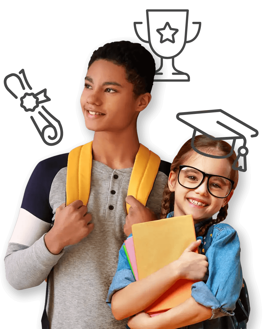 Two school-aged children holding books