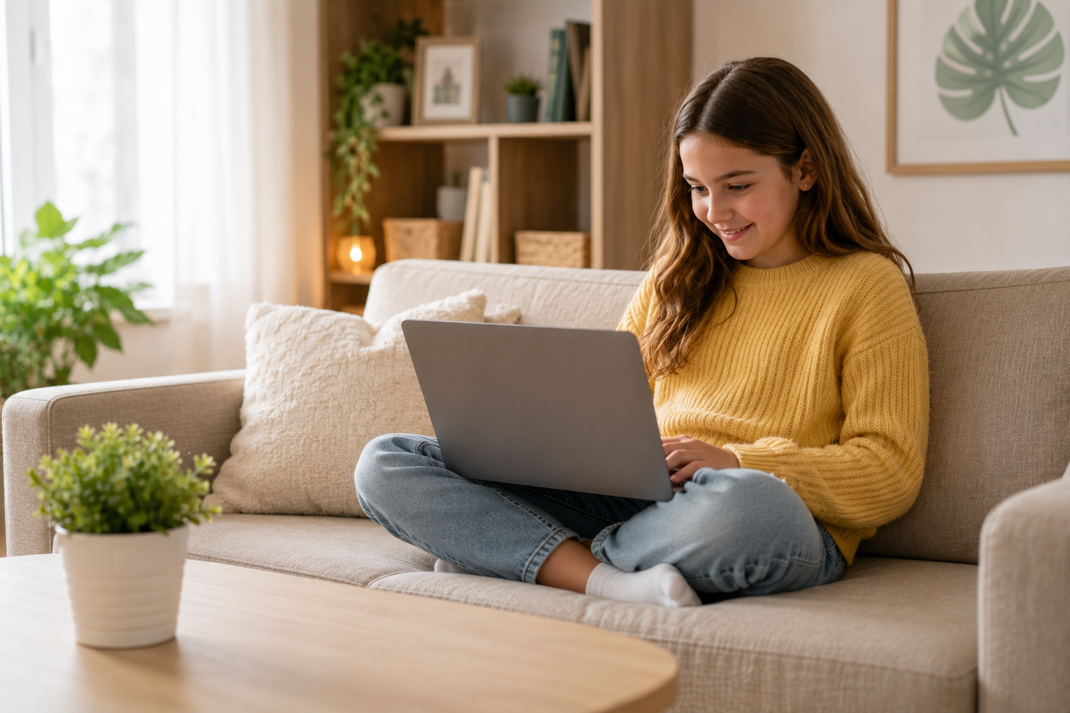 Homeschool student completing online Maths and English learning on a laptop at home.